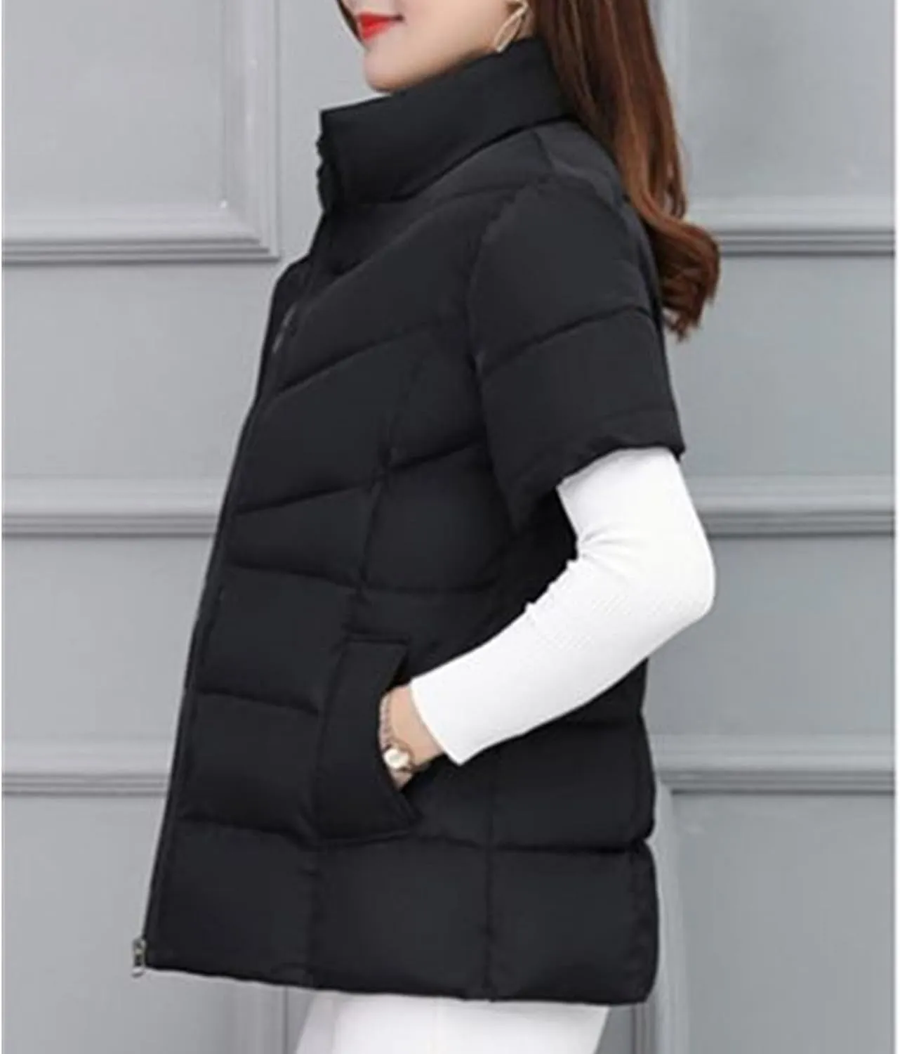 JEsilunmaMY Women's Short Sleeve Crop Puffer Vest Stand Collar Thick Down Coats with Pocket Winter Coat Warm Padded Jacket