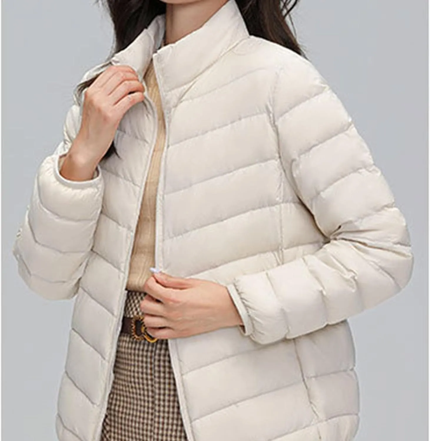 JEsilunmaMY Women's Stand Collar Duck Down Jacket Lightweight Long Sleeve Insulated Puffer Jacket Warm Winter Quilted Coat