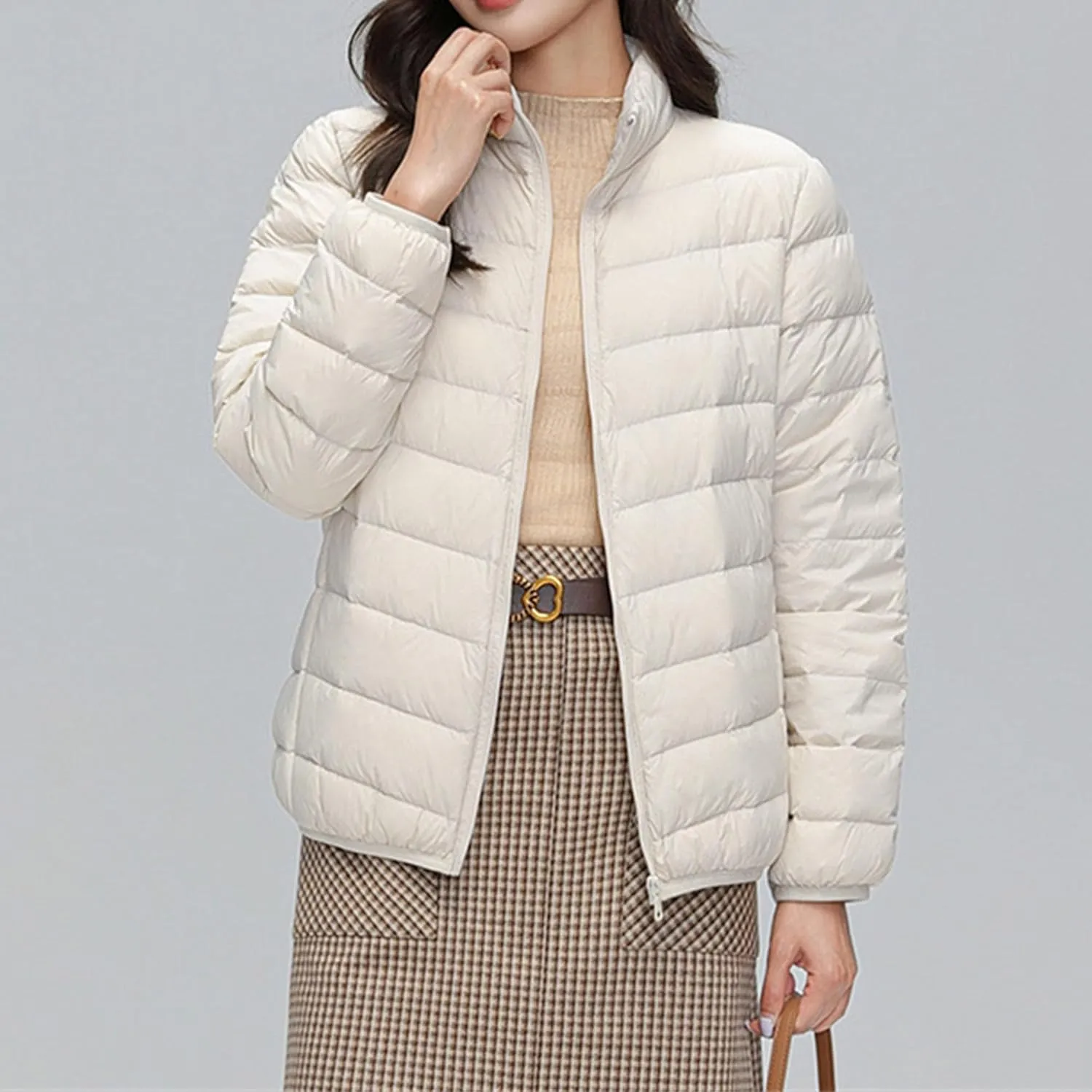 JEsilunmaMY Women's Stand Collar Duck Down Jacket Lightweight Long Sleeve Insulated Puffer Jacket Warm Winter Quilted Coat