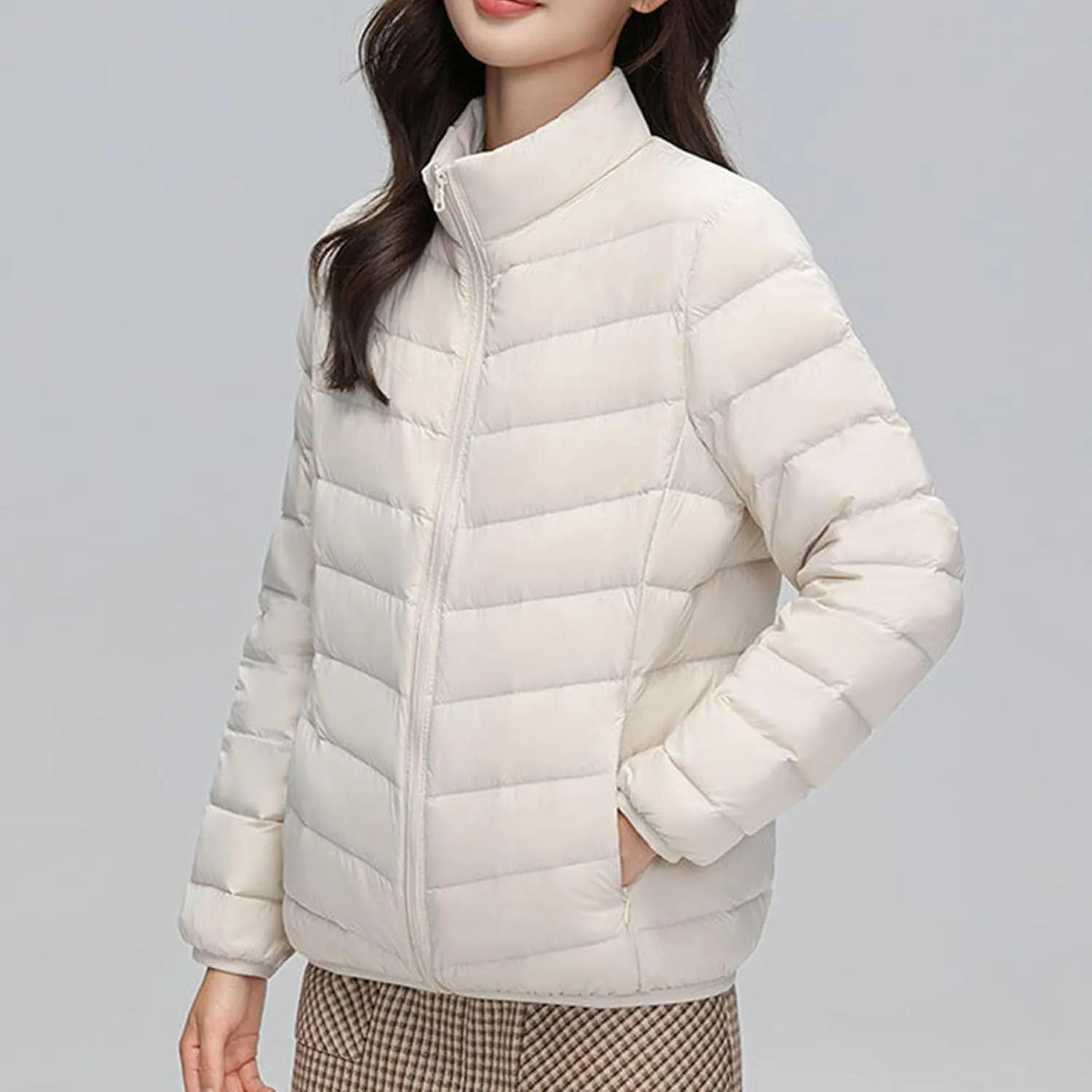 JEsilunmaMY Women's Stand Collar Duck Down Jacket Lightweight Long Sleeve Insulated Puffer Jacket Warm Winter Quilted Coat
