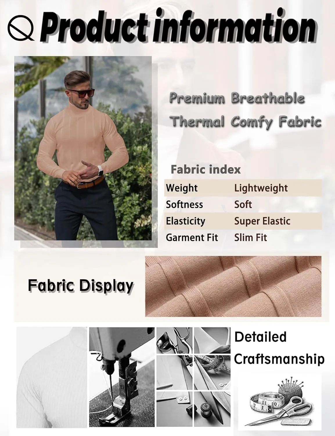 JoZorro Men Turtleneck Long Sleeve Sweater High Neck Top Slim Fit Lightweight Knit Roll Neck Pullover Sweaters for Men