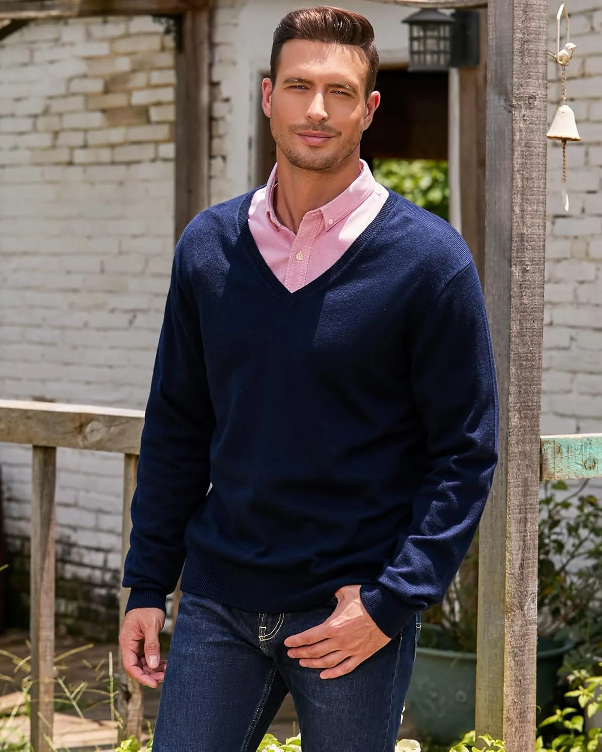 Kallspin Men's Wool Blend V-Neck Sweater Relax Fit Knit Pullover for Fall Winter