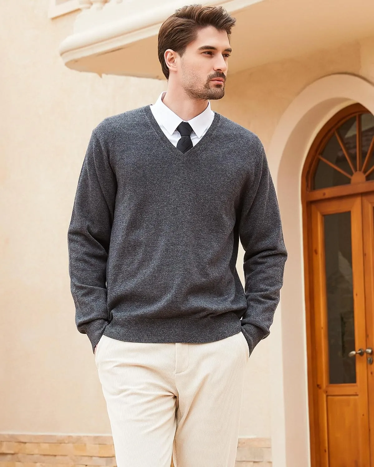 Kallspin Men's Wool Blend V-Neck Sweater Relax Fit Knit Pullover for Fall Winter