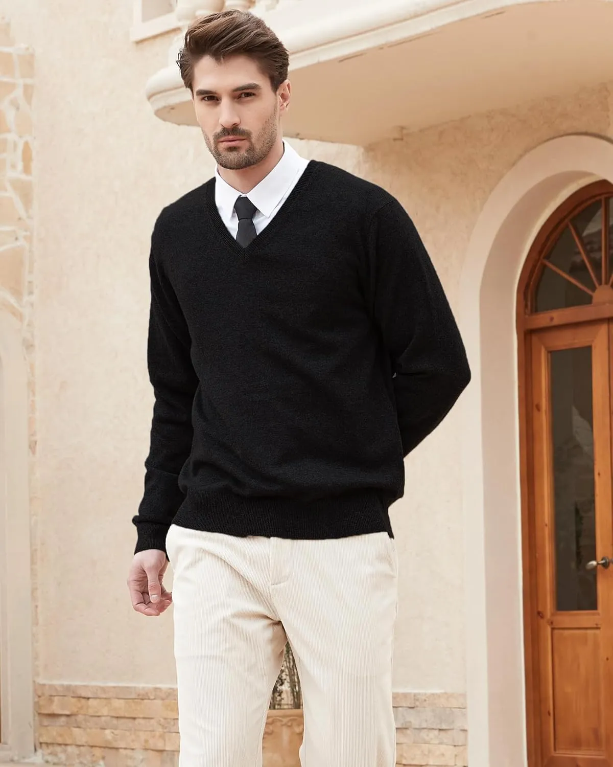 Kallspin Men's Wool Blend V-Neck Sweater Relax Fit Knit Pullover for Fall Winter