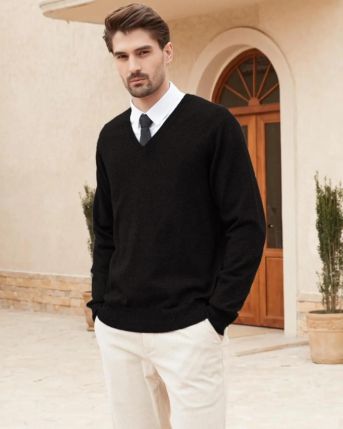 Kallspin Men's Wool Blend V-Neck Sweater Relax Fit Knit Pullover for Fall Winter