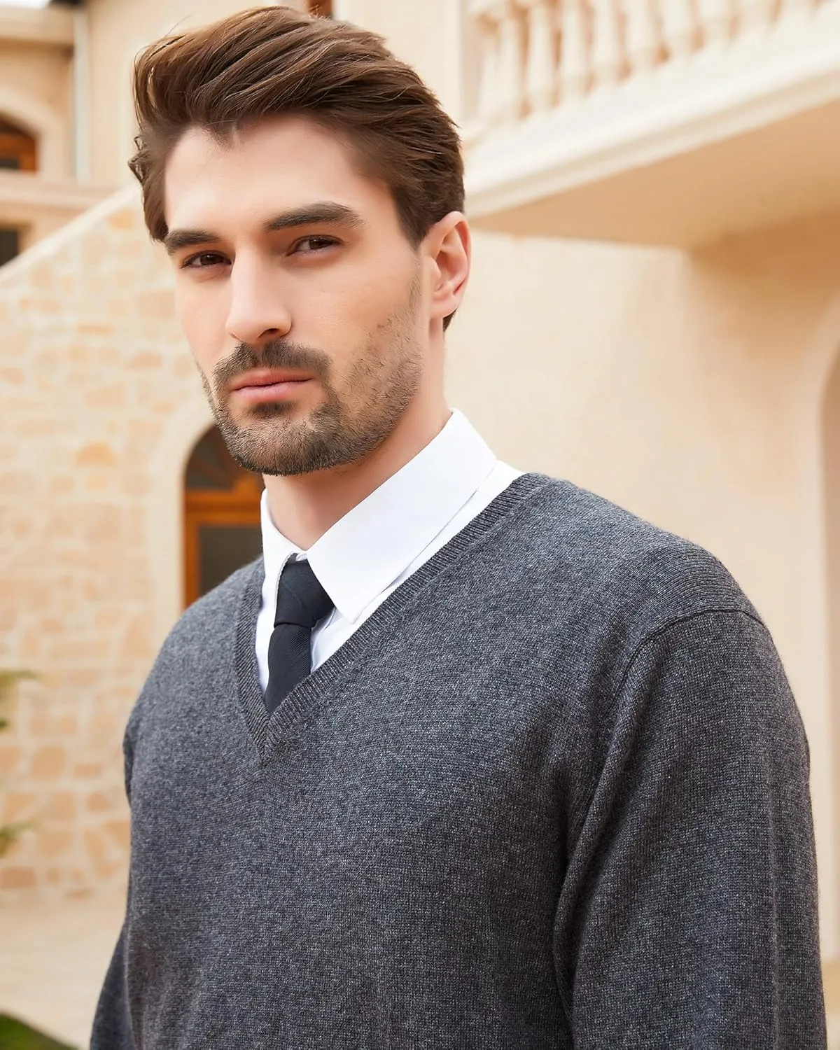 Kallspin Men's Wool Blend V-Neck Sweater Relax Fit Knit Pullover for Fall Winter