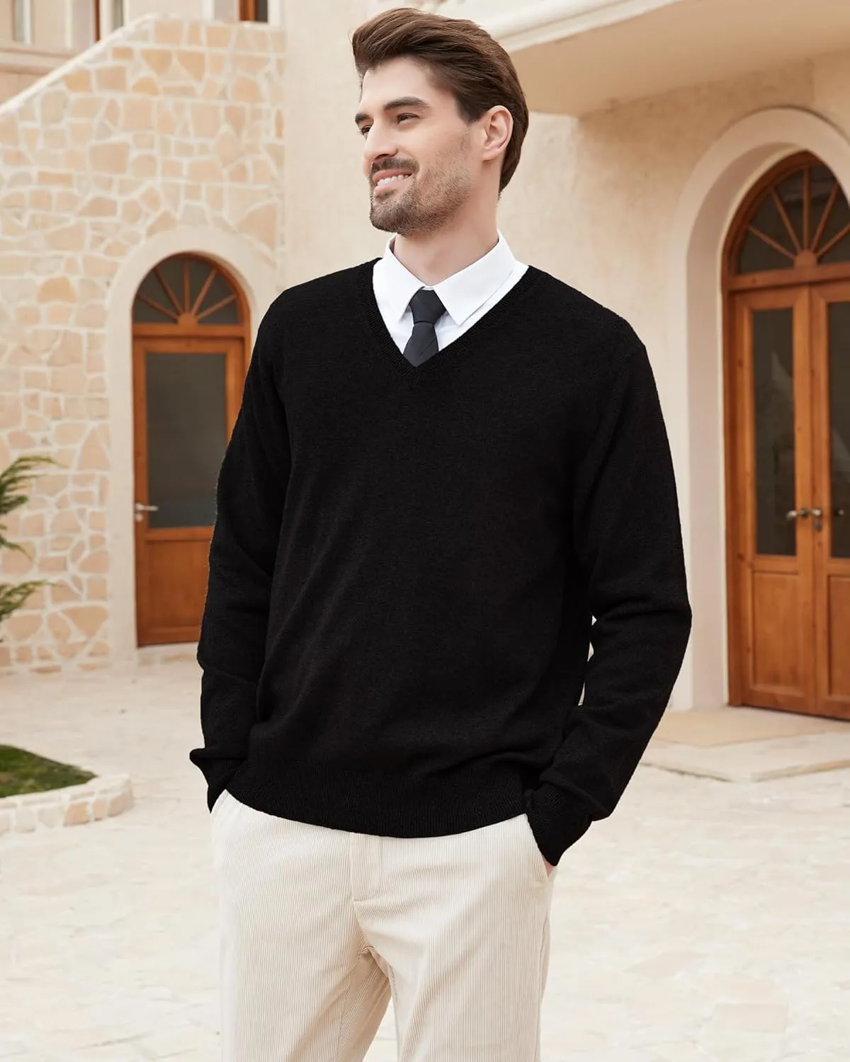 Kallspin Men's Wool Blend V-Neck Sweater Relax Fit Knit Pullover for Fall Winter