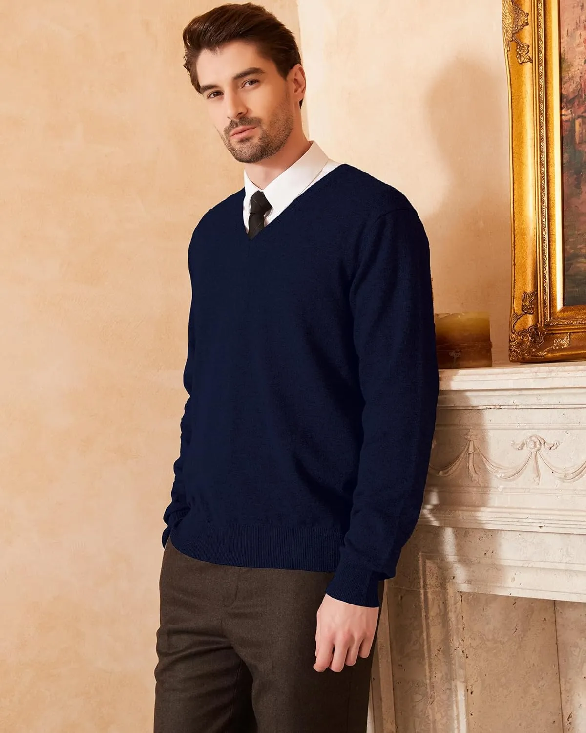 Kallspin Men's Wool Blend V-Neck Sweater Relax Fit Knit Pullover for Fall Winter