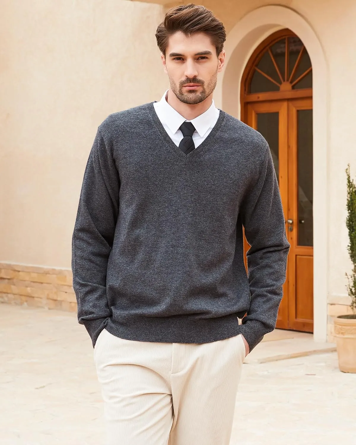 Kallspin Men's Wool Blend V-Neck Sweater Relax Fit Knit Pullover for Fall Winter