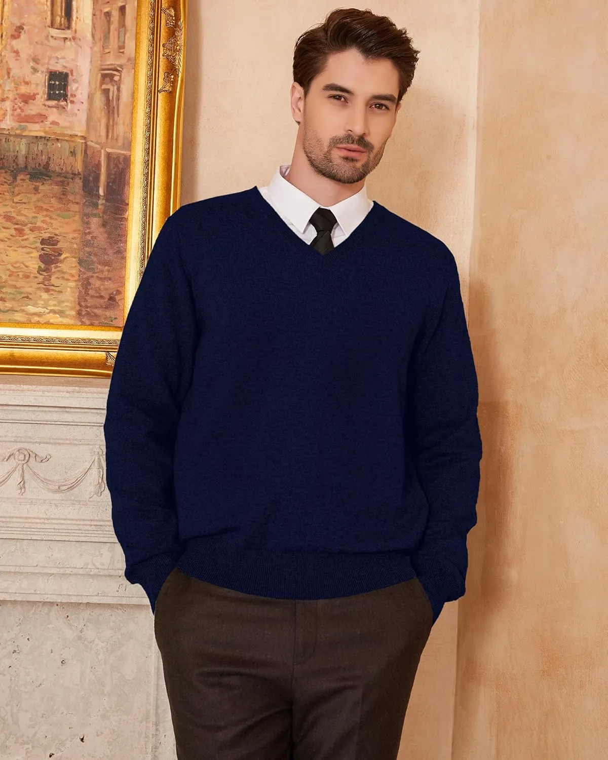 Kallspin Men's Wool Blend V-Neck Sweater Relax Fit Knit Pullover for Fall Winter