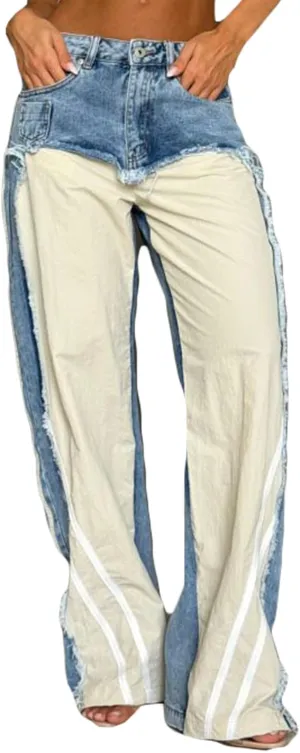 LETSVDO Women's Wide Leg Patchwork Jeans High Waisted Baggy Striped Straight Leg Frayed Loose Denim Pants Sweatpants