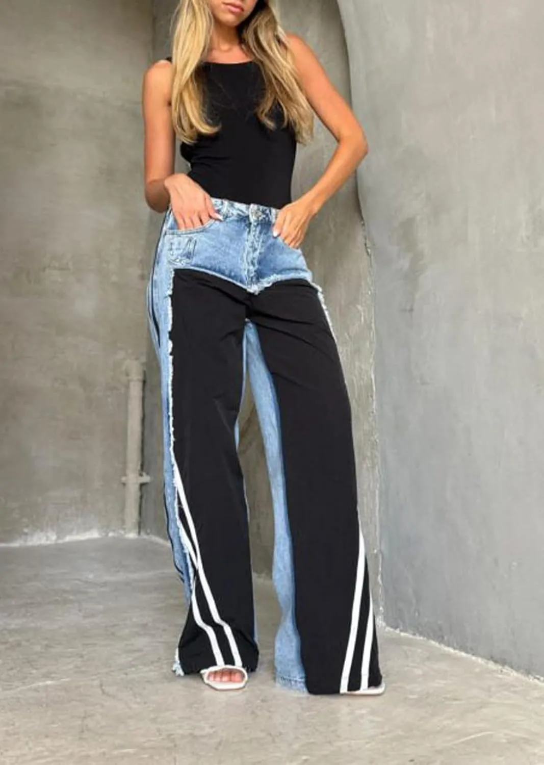 LETSVDO Women's Wide Leg Patchwork Jeans High Waisted Baggy Striped Straight Leg Frayed Loose Denim Pants Sweatpants