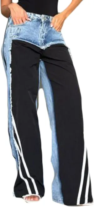 LETSVDO Women's Wide Leg Patchwork Jeans High Waisted Baggy Striped Straight Leg Frayed Loose Denim Pants Sweatpants