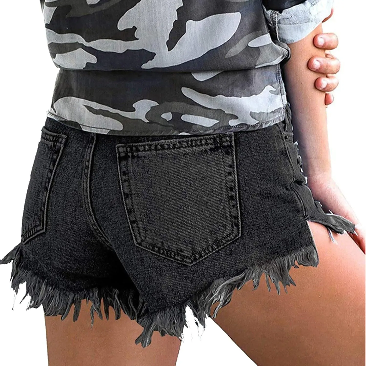 LFEOOST Denim Shorts for Women Casual Summer High Waisted Ripped Hot Short Jeans Frayed Distressed Jeans Shorts with Pockets