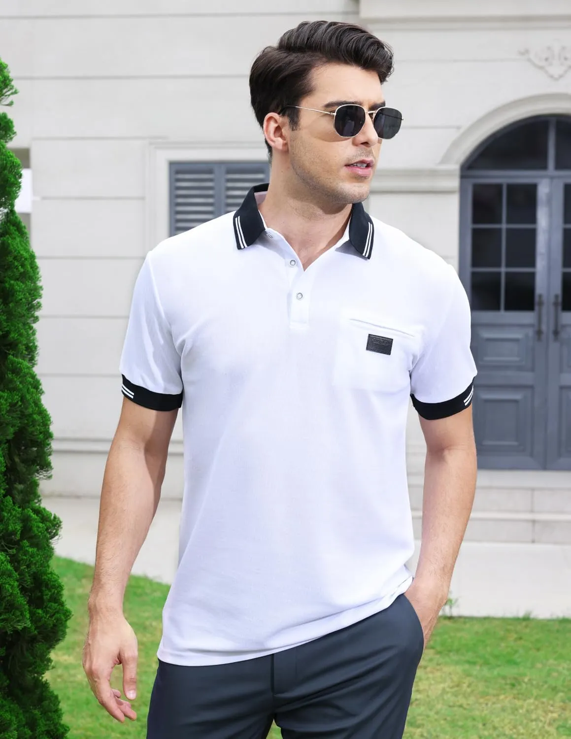 LIUPMWE Polo Shirts for Men with Pocket Elegante Plaided Short Sleeve Cotton T Shirts Golf Shirt