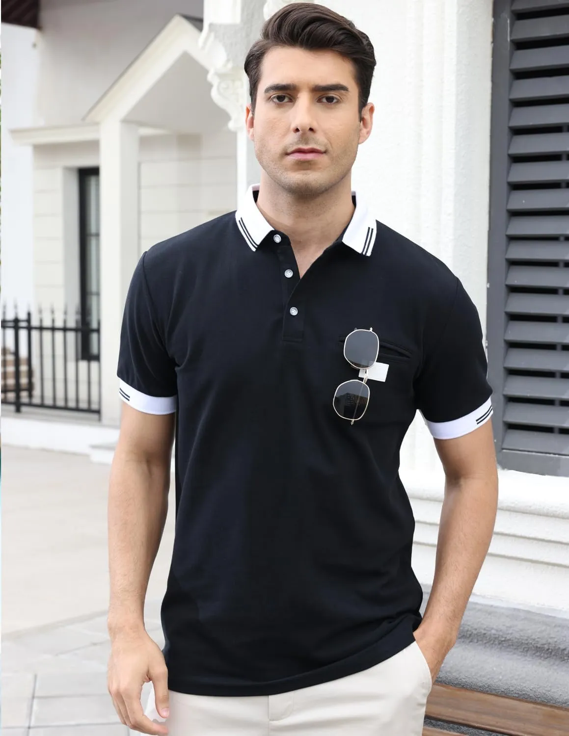 LIUPMWE Polo Shirts for Men with Pocket Elegante Plaided Short Sleeve Cotton T Shirts Golf Shirt