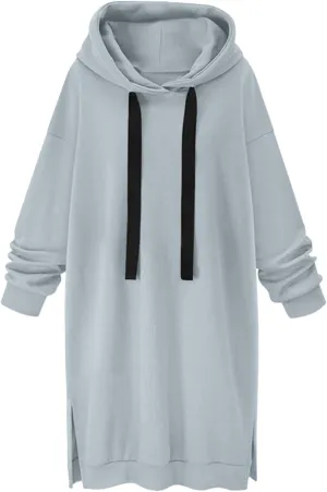Long Hoodies for Women Oversize Longline Pullover Sweatshirt Split Hem Drawstring Hoodie Dress with Kangaroo Pocket