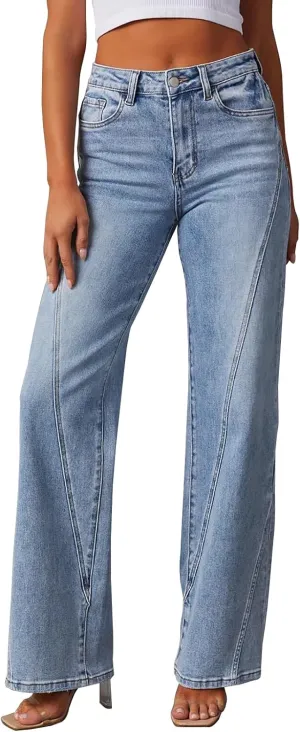 LONGBIDA Baggy Wide Leg Jeans for Women Straight Patchwork Loose Boyfriends High Waisted Denim Y2k Pants
