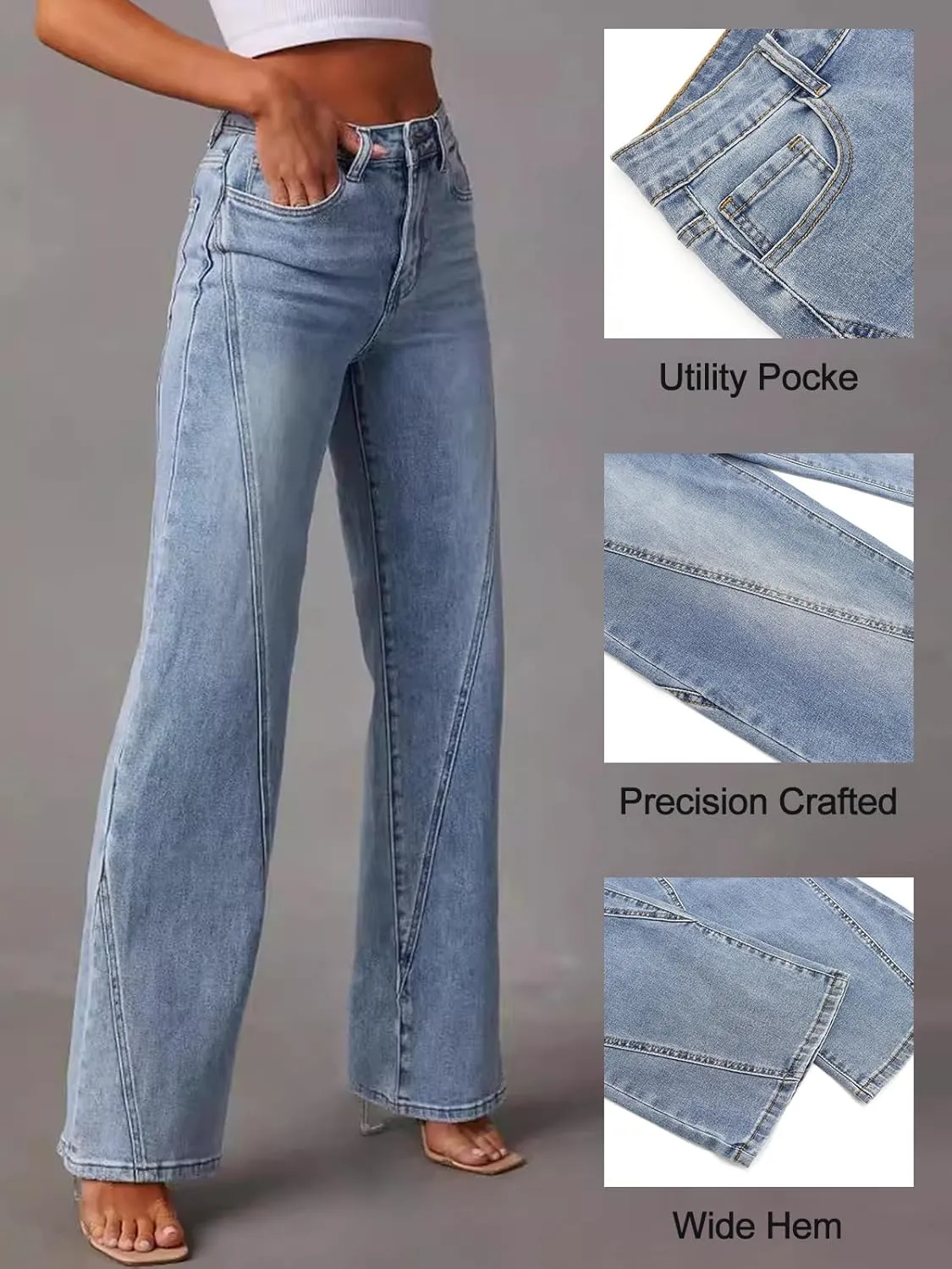 LONGBIDA Baggy Wide Leg Jeans for Women Straight Patchwork Loose Boyfriends High Waisted Denim Y2k Pants