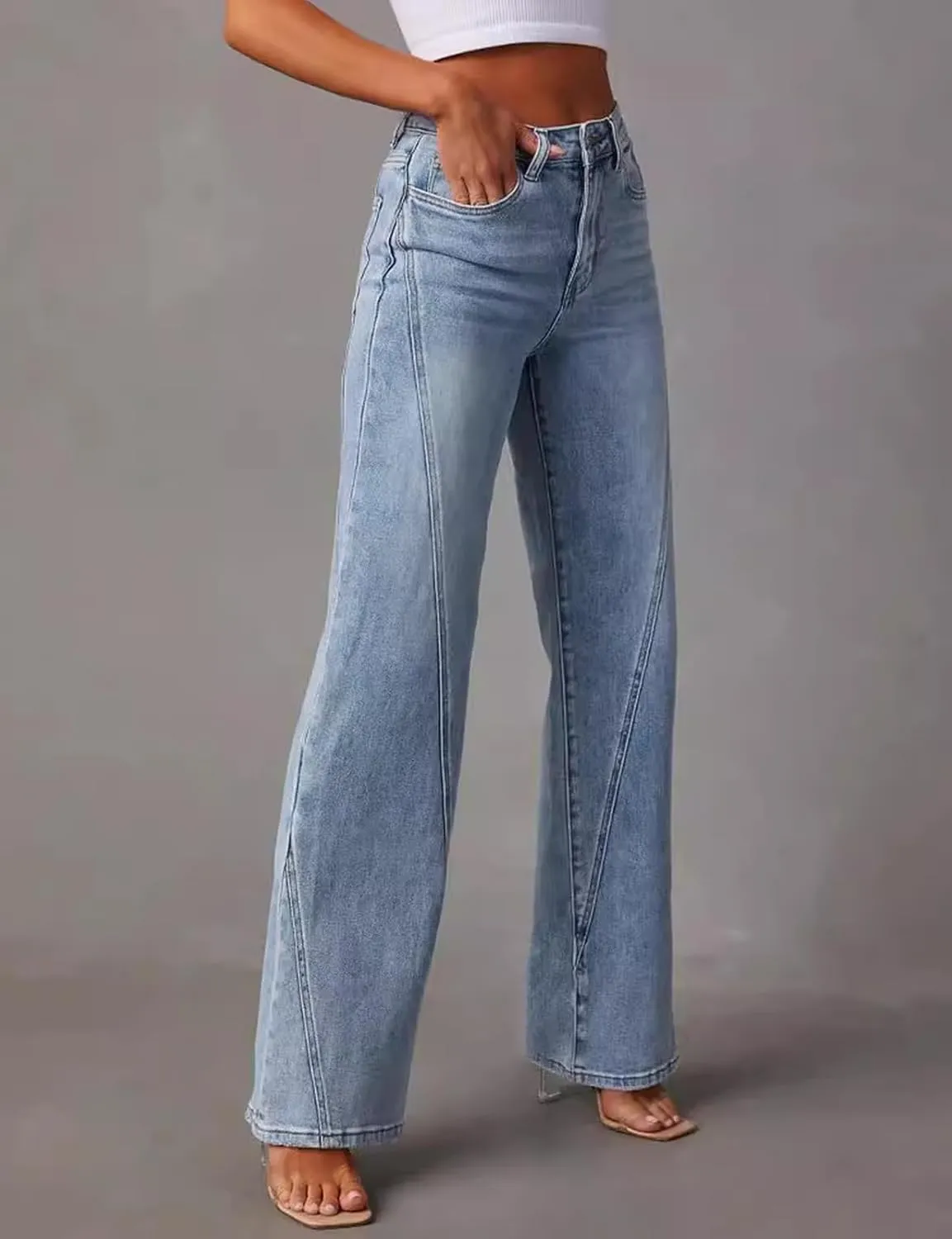 LONGBIDA Baggy Wide Leg Jeans for Women Straight Patchwork Loose Boyfriends High Waisted Denim Y2k Pants