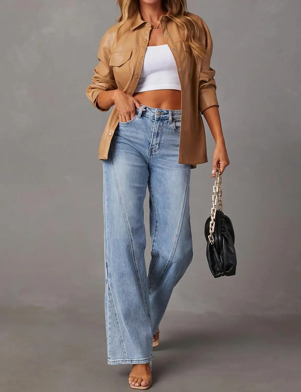 LONGBIDA Baggy Wide Leg Jeans for Women Straight Patchwork Loose Boyfriends High Waisted Denim Y2k Pants