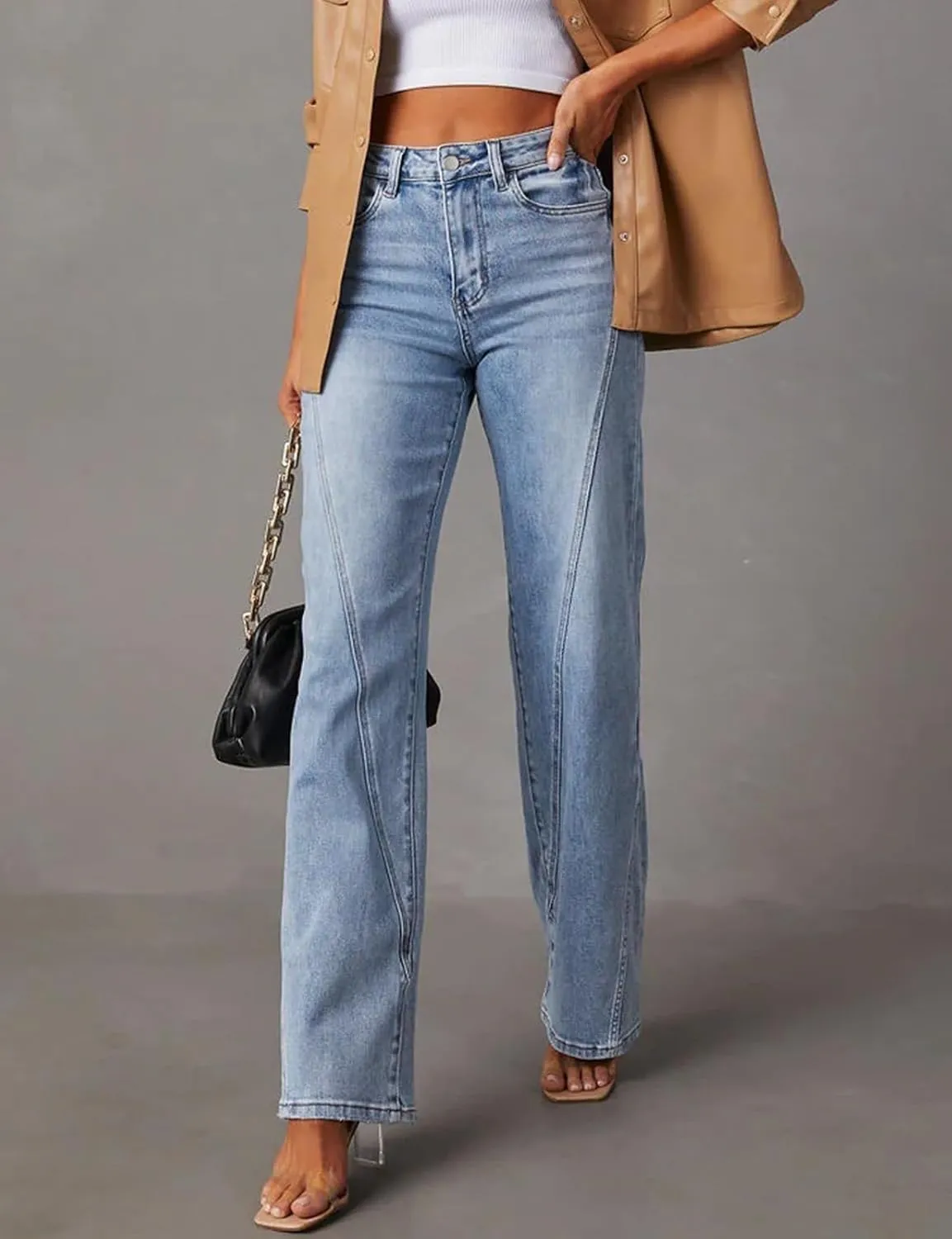 LONGBIDA Baggy Wide Leg Jeans for Women Straight Patchwork Loose Boyfriends High Waisted Denim Y2k Pants