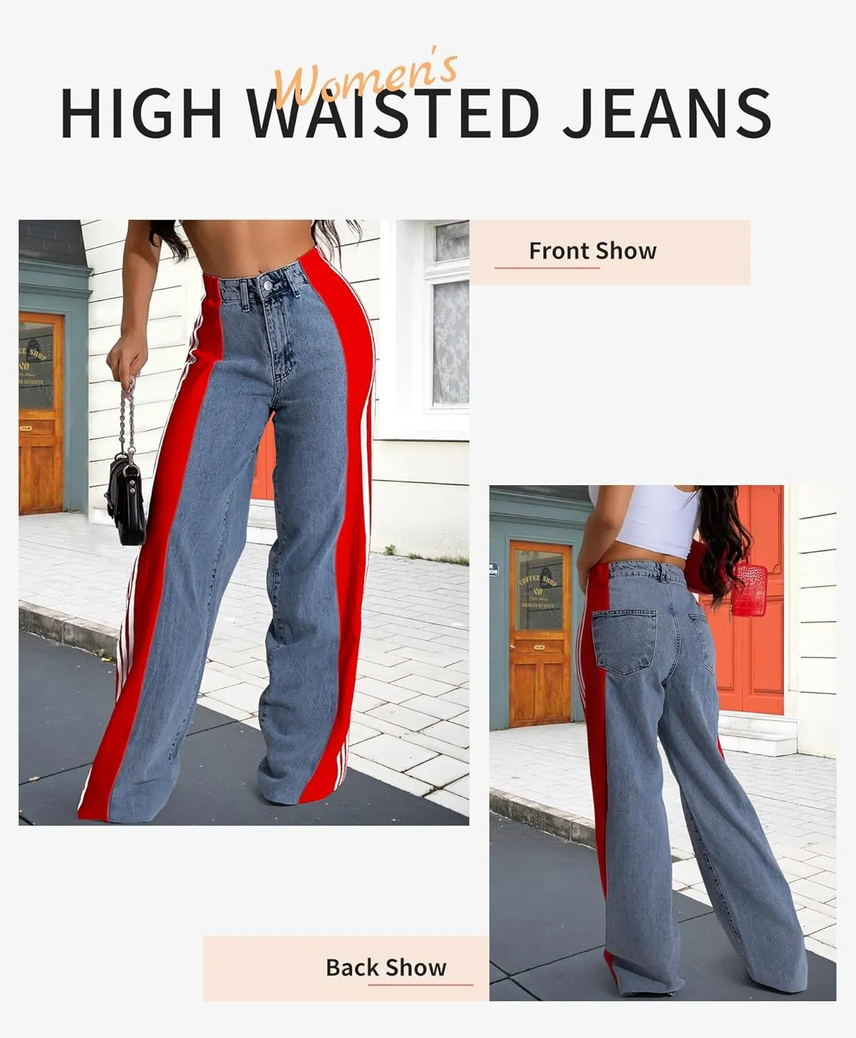 LONGBIDA Women's High Waisted Jeans Two Tone Stretchy Baggy Trendy Wide Leg Denim Pants