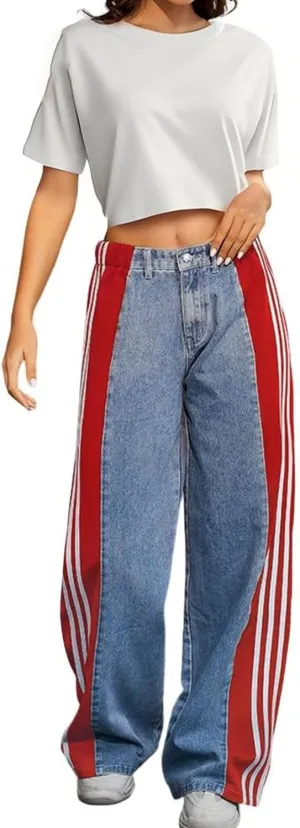LONGBIDA Women's High Waisted Jeans Two Tone Stretchy Baggy Trendy Wide Leg Denim Pants