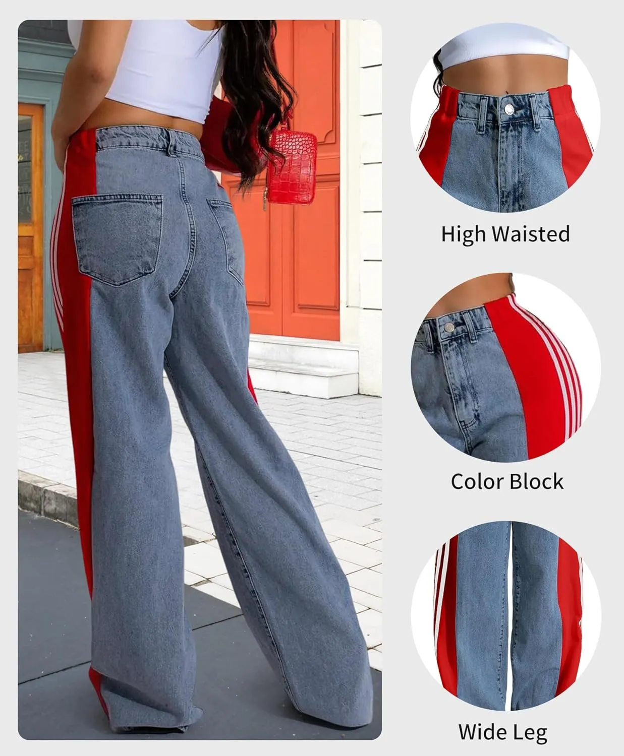 LONGBIDA Women's High Waisted Jeans Two Tone Stretchy Baggy Trendy Wide Leg Denim Pants