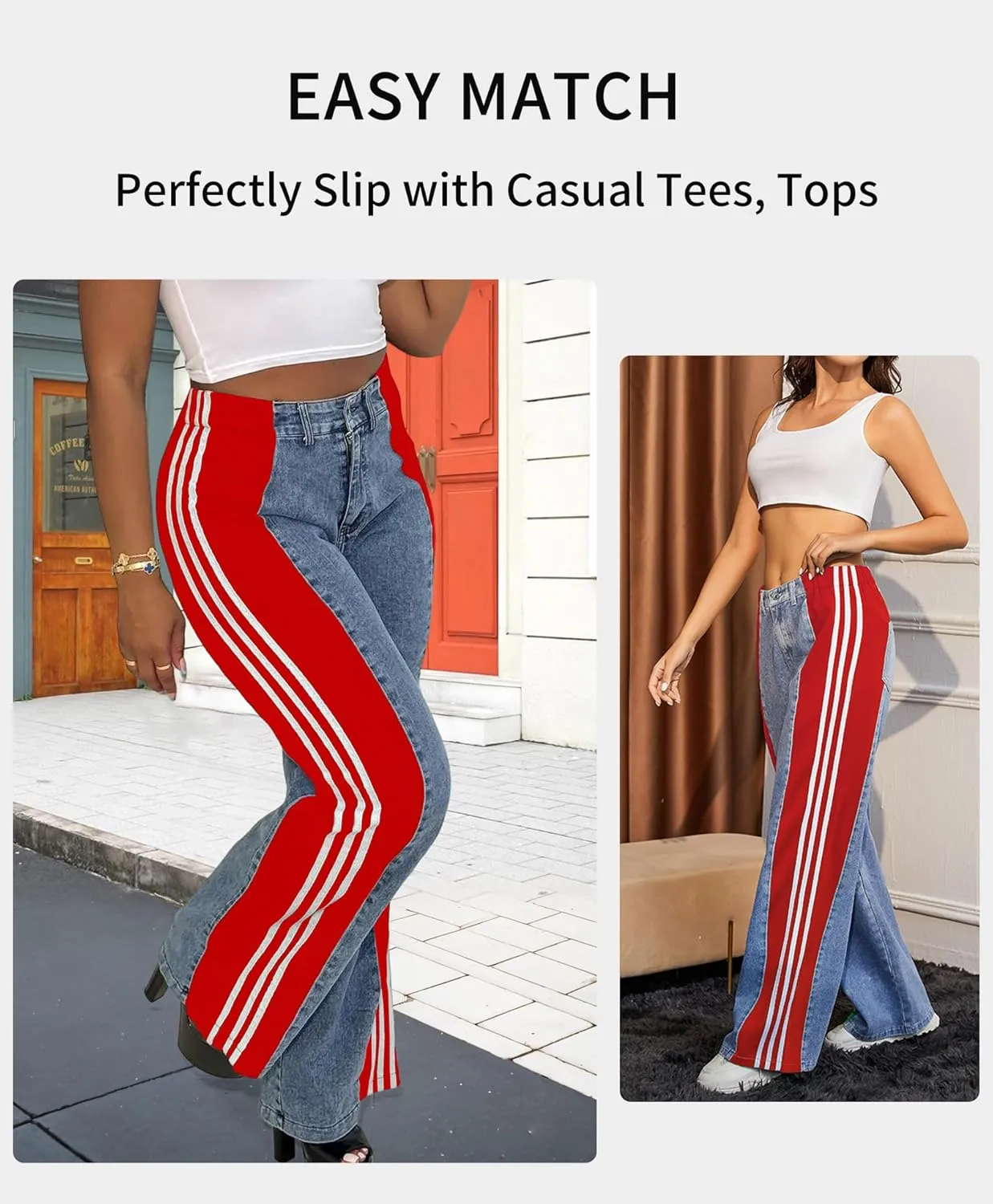 LONGBIDA Women's High Waisted Jeans Two Tone Stretchy Baggy Trendy Wide Leg Denim Pants