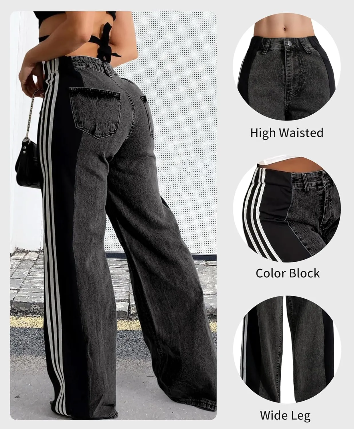 LONGBIDA Women's High Waisted Jeans Two Tone Stretchy Baggy Trendy Wide Leg Denim Pants