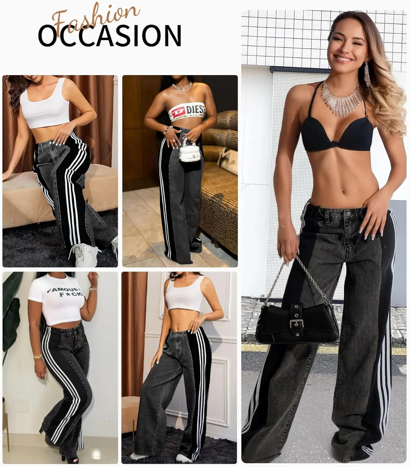 LONGBIDA Women's High Waisted Jeans Two Tone Stretchy Baggy Trendy Wide Leg Denim Pants