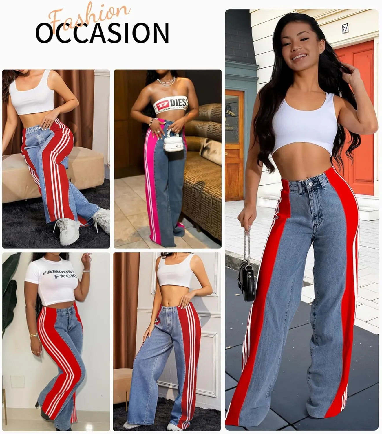 LONGBIDA Women's High Waisted Jeans Two Tone Stretchy Baggy Trendy Wide Leg Denim Pants