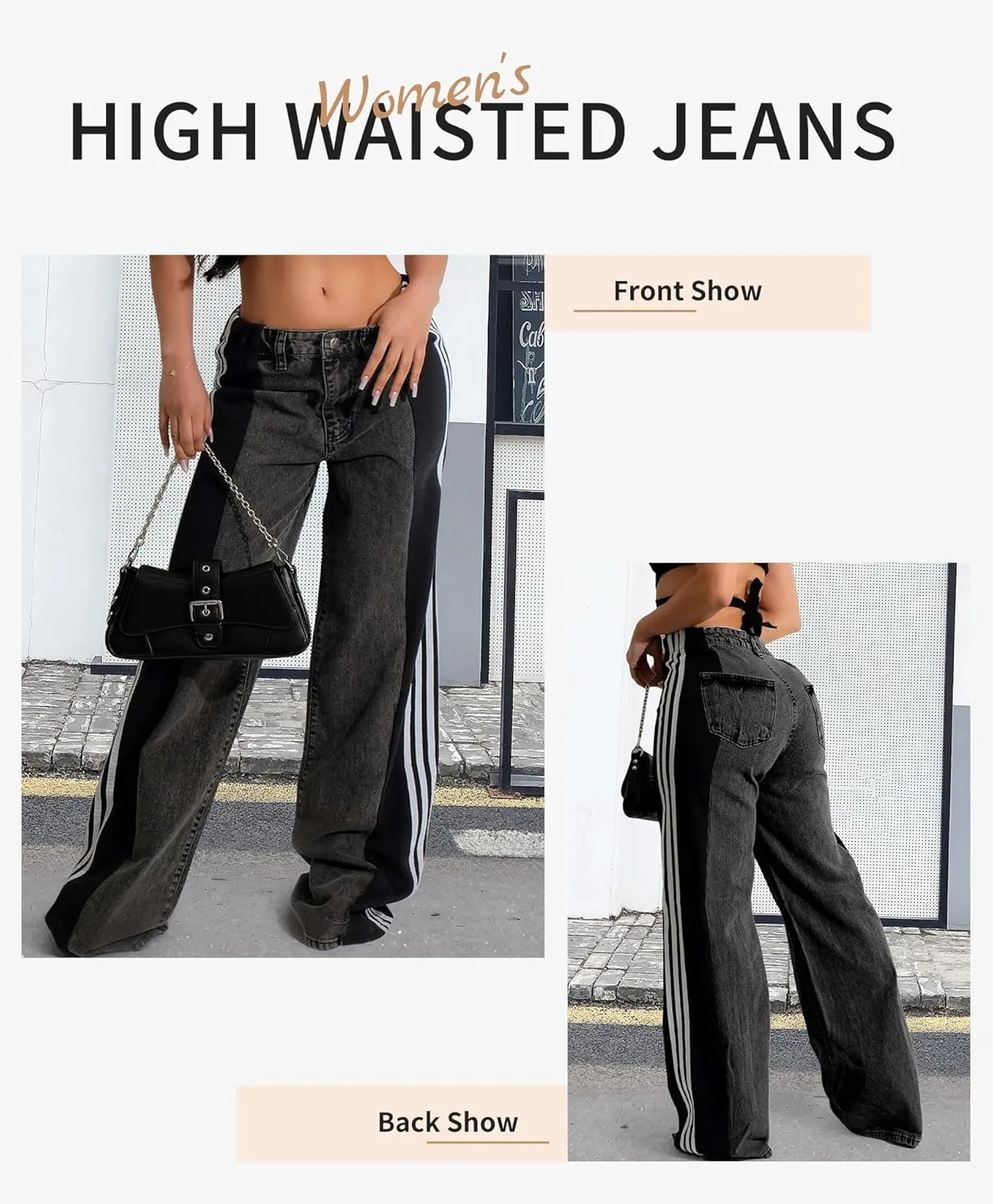 LONGBIDA Women's High Waisted Jeans Two Tone Stretchy Baggy Trendy Wide Leg Denim Pants