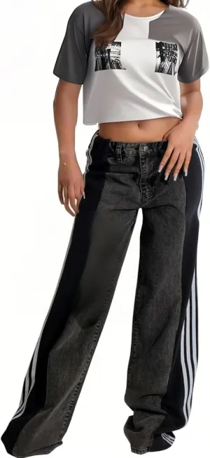 LONGBIDA Women's High Waisted Jeans Two Tone Stretchy Baggy Trendy Wide Leg Denim Pants
