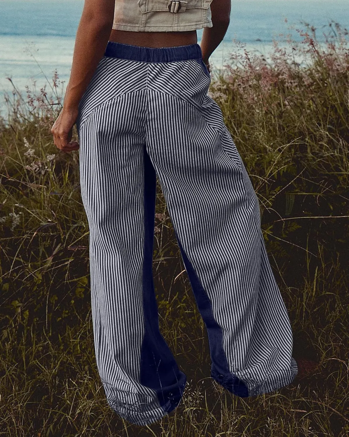 Low Rise Striped Pants for Women Pull On Drawstring Boho Wide Leg Jeans Trendy 2025