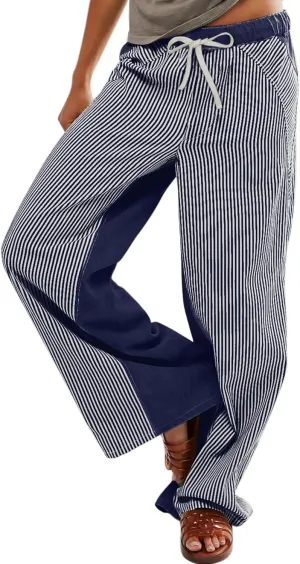 Low Rise Striped Pants for Women Pull On Drawstring Boho Wide Leg Jeans Trendy 2025