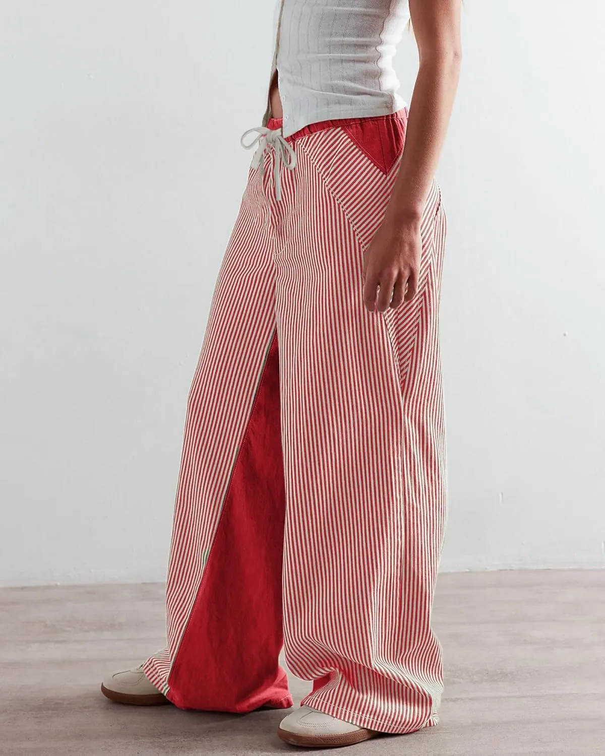 Low Rise Striped Pants for Women Pull On Drawstring Boho Wide Leg Jeans Trendy 2025