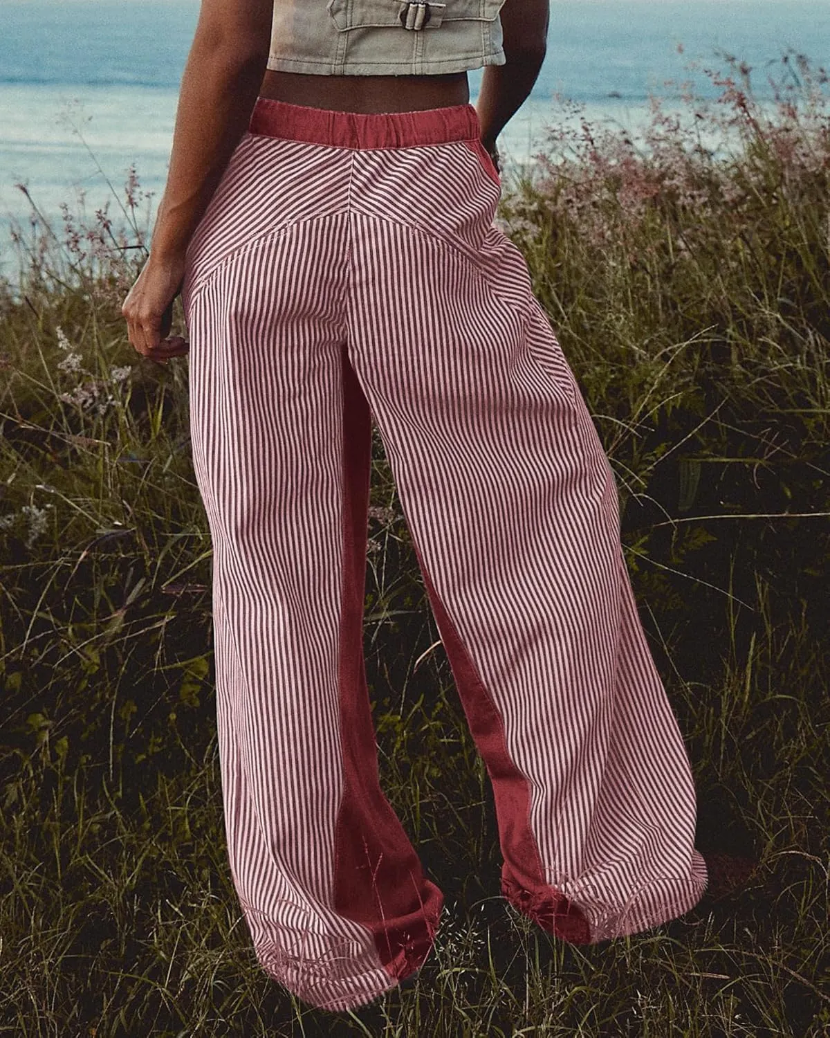 Low Rise Striped Pants for Women Pull On Drawstring Boho Wide Leg Jeans Trendy 2025