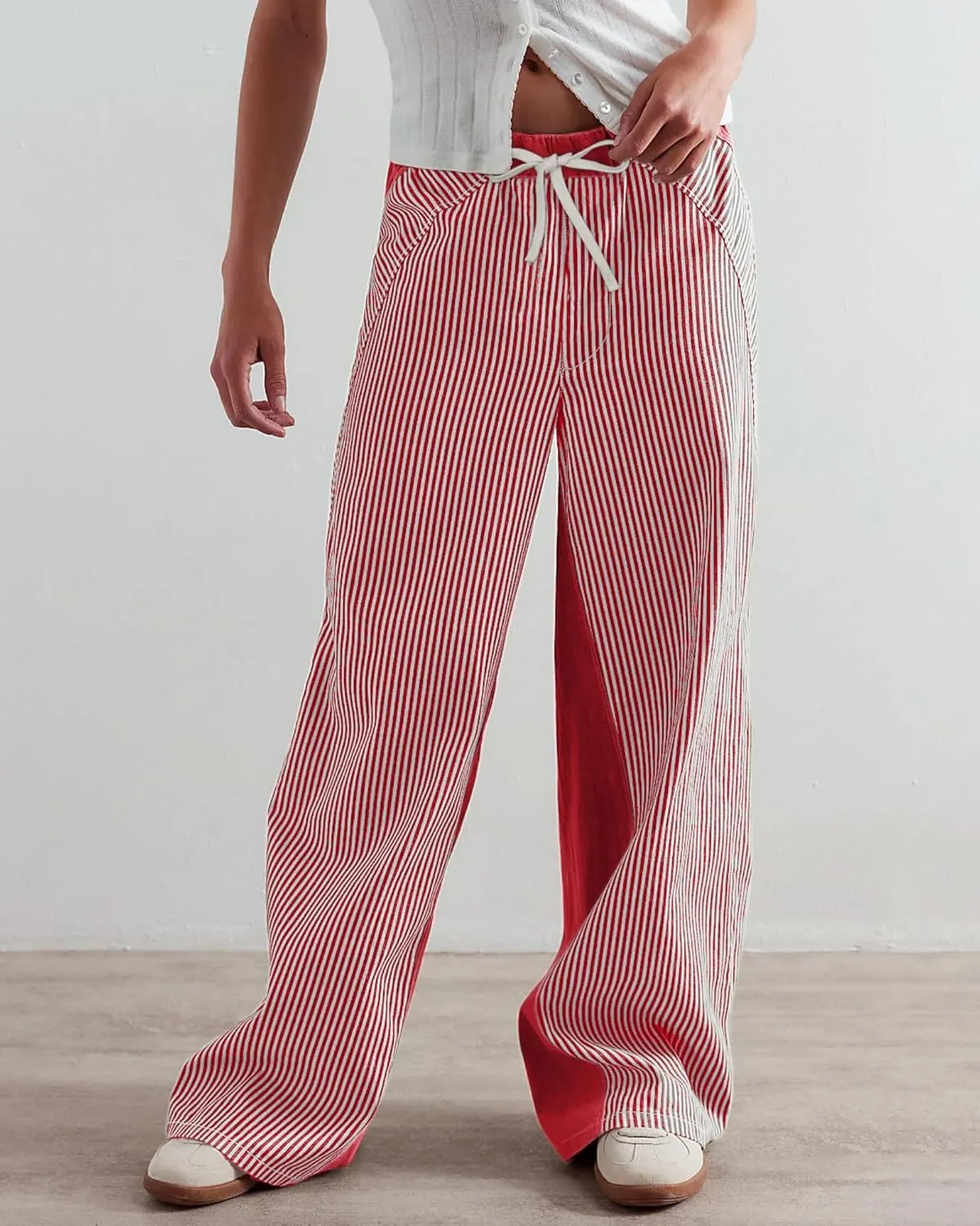 Low Rise Striped Pants for Women Pull On Drawstring Boho Wide Leg Jeans Trendy 2025