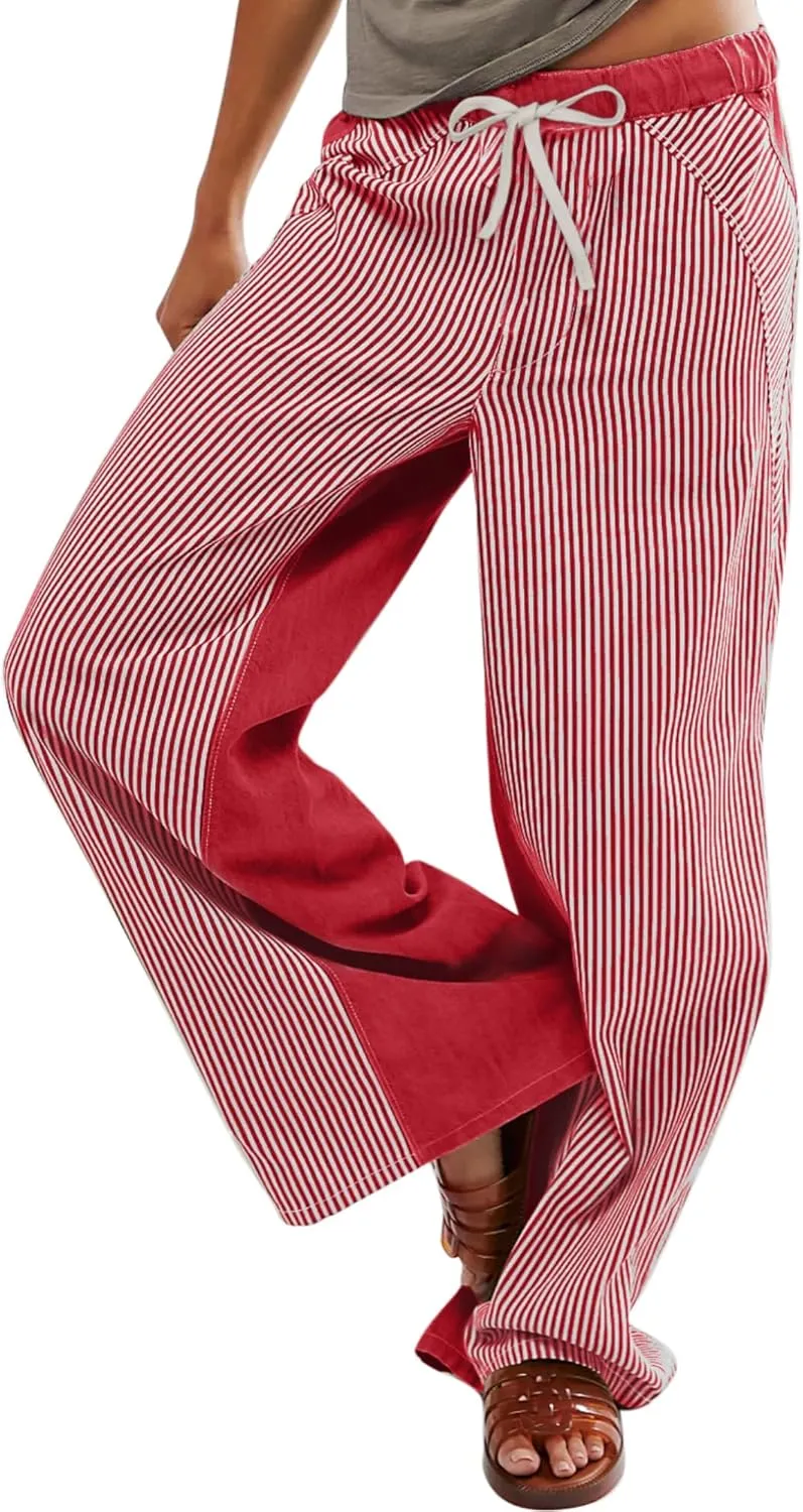 Low Rise Striped Pants for Women Pull On Drawstring Boho Wide Leg Jeans Trendy 2025