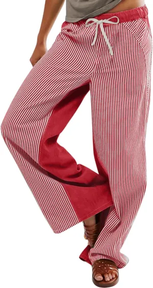 Low Rise Striped Pants for Women Pull On Drawstring Boho Wide Leg Jeans Trendy 2025