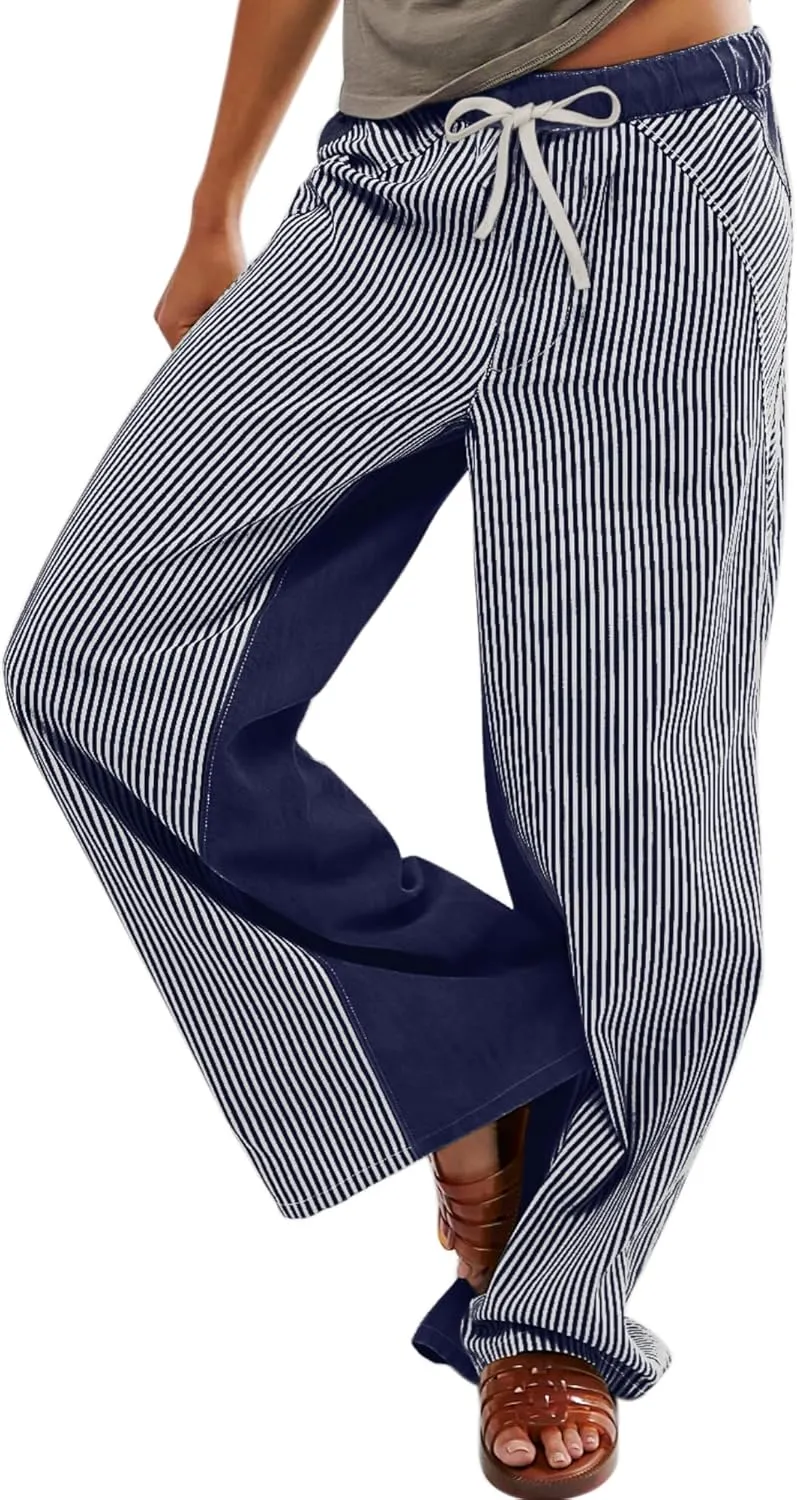 Low Rise Striped Pants for Women Pull On Drawstring Boho Wide Leg Jeans Trendy 2025