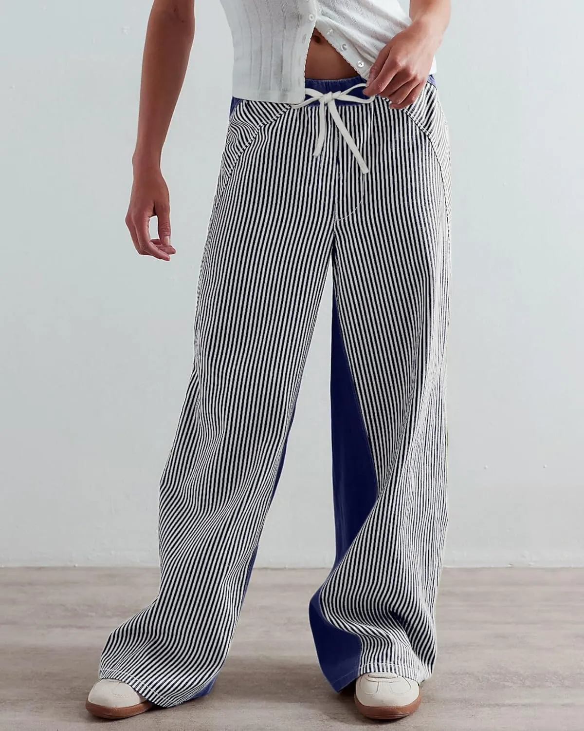 Low Rise Striped Pants for Women Pull On Drawstring Boho Wide Leg Jeans Trendy 2025