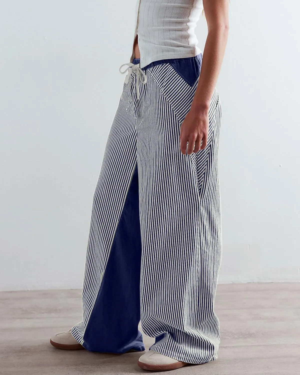Low Rise Striped Pants for Women Pull On Drawstring Boho Wide Leg Jeans Trendy 2025