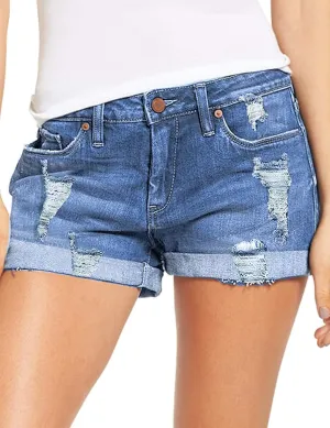 luvamia Women's Ripped Denim Jean Shorts High Waisted Stretchy Folded Hem Short Jeans