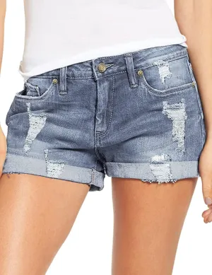 luvamia Women's Ripped Denim Jean Shorts High Waisted Stretchy Folded Hem Short Jeans
