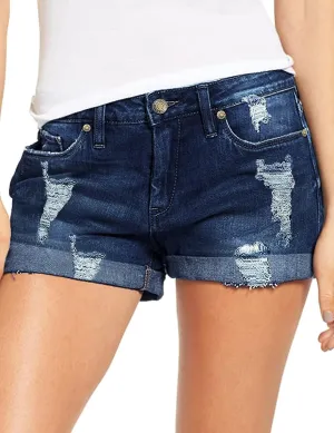 luvamia Women's Ripped Denim Jean Shorts High Waisted Stretchy Folded Hem Short Jeans