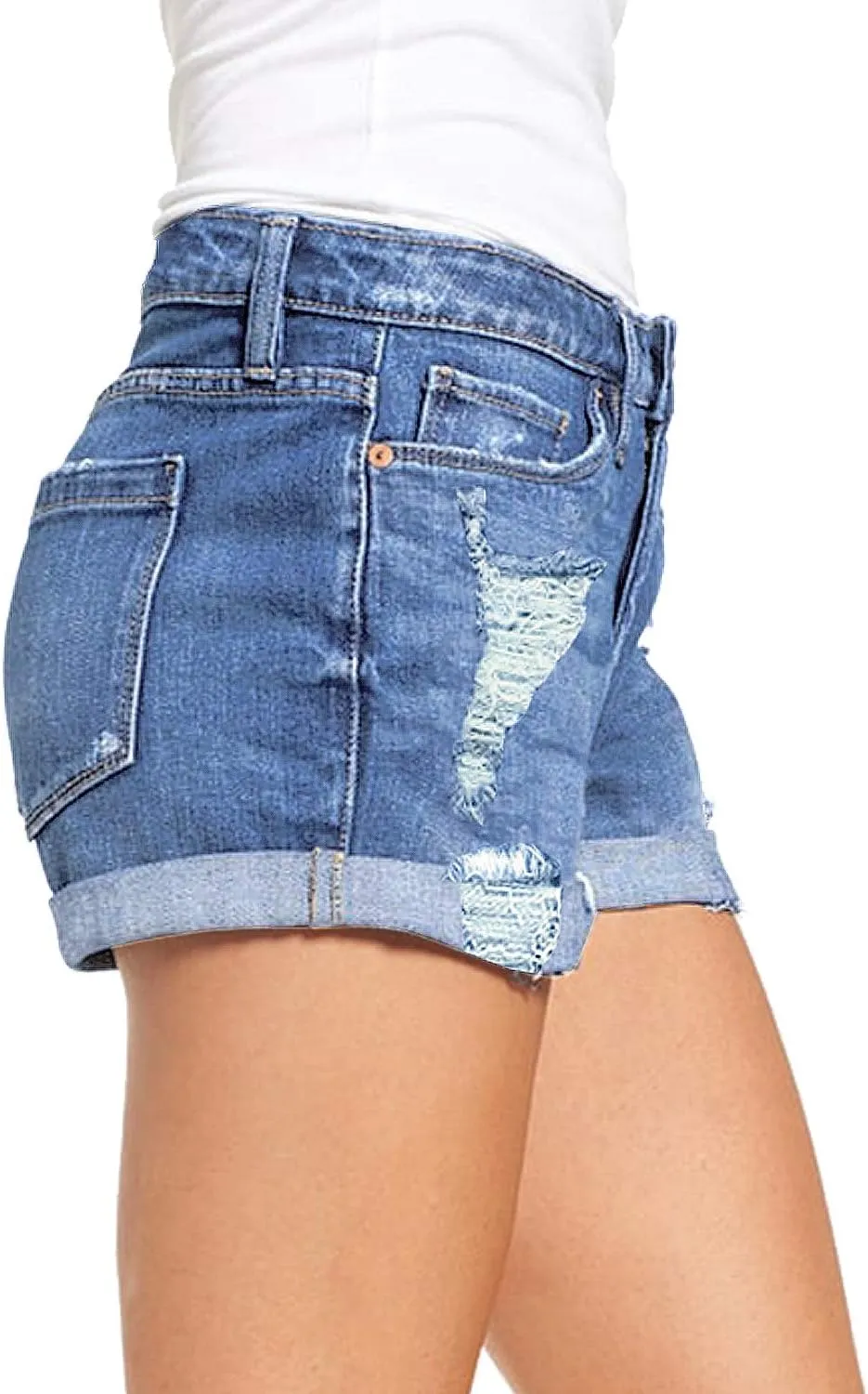 luvamia Women's Ripped Denim Jean Shorts High Waisted Stretchy Folded Hem Short Jeans