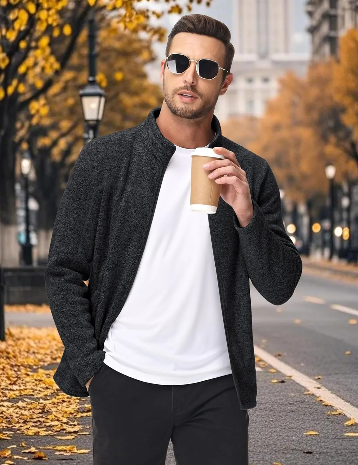MAGCOMSEN Men's Full Zip Fleece Jackets Lightweight Winter Zip Up Jacket Warm Casual Work Sweatshirts with Zipper Pocket